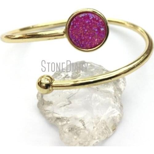 Titanium Hot Pink Druzy Crystal Gold Color Circle Bangle Copper Bangle Adjustable BM12713