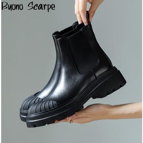 Genuine Leather Platform Boots Chelsea Boots Chunky Heel Slip On Shoes Women Round Toe Shell Head Ankle Boots British Botas New