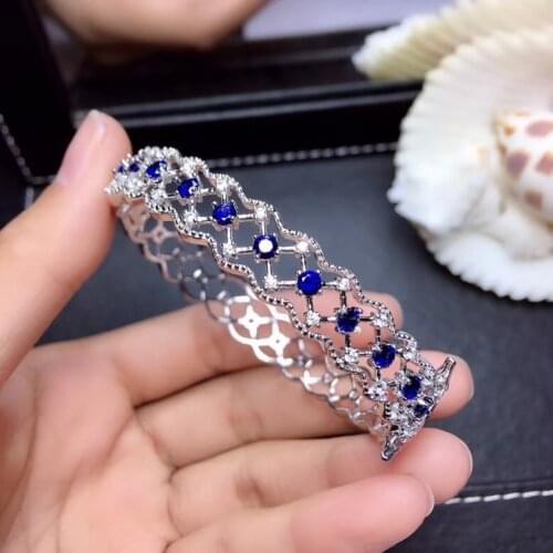 Natural blue sapphire gem Bangles Natural gemstone Bangles S925 silver bracelet ancient Net across women wedding gift jewelry