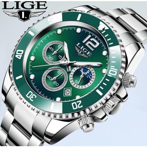 LIGE Men Watch Business Waterproof Date Watches Fashion Multifunction Stainless Steel Quartz Sport Watch Relogio Masculino+Box