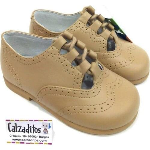 D Babys English-style unisex shoes with no tongue in reno (camel) leather