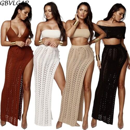 GBVLGAR Womens Summer Beach Side Split Long Skirt Hollow Out Knitted Irregular Maxi Skirt Drawstring Asymmetrical Crochet Skirt