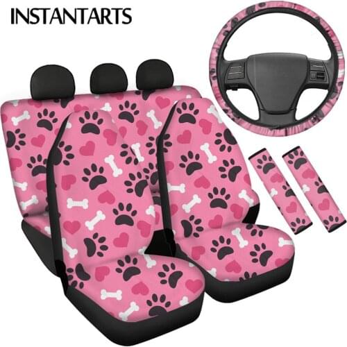 INSTANTARTS Lovely Paw Design Anti-Slip Front&Rear Car Seat Cushion Sturdy Car Steering Wheel Cover Soft Safety Belt Cover Pads