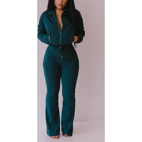 Women Autumn Zipper Two Piece Set Long Sleeves Top And Flares Pants Set Female Solid Running Womens Tracksuit Ladies Sportwear