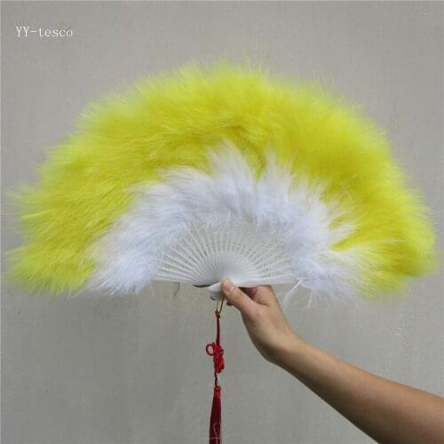 Beautiful yellow high quality fluffy feather hand fan dance stage show props wedding party 1pcs Goose feather fan decoration