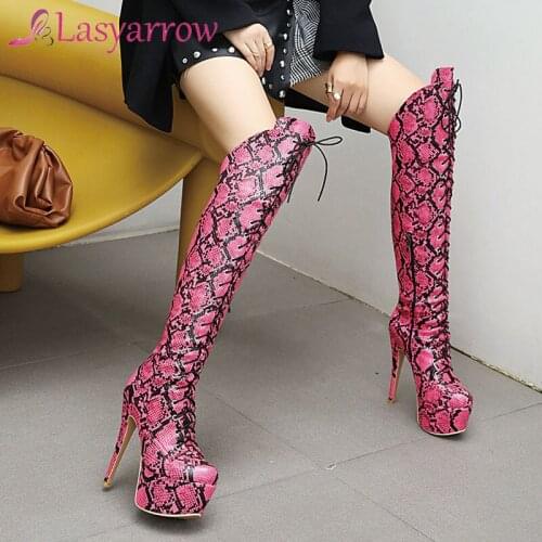 Lasyarrow Sexy Girl Pointed Toe Snake Print High Heels Over The Knee Boots Party Knee High Boots Women High Heels Shoes Woman