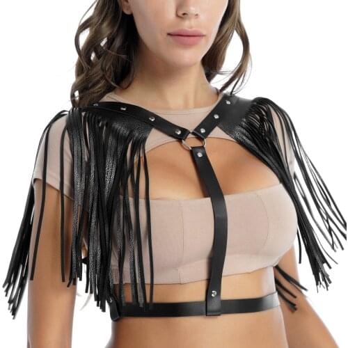 Fashion Shoulder Tassel Choker Womens Adjustable Body Chest Harness Belt Leather Bondage Belt with Shoulder Tassel Sexy Clubwear