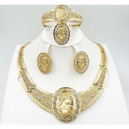 Hot style African beads wedding jewelry set dubai gold-color Nigeria classic zircon Necklace women Bangle Earring Ring