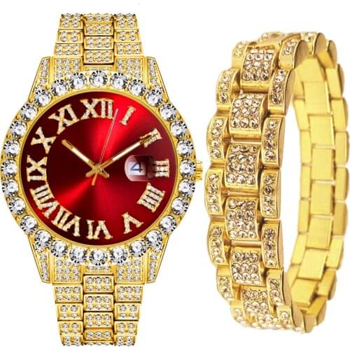 Full Iced Out Bracelet Watches for Men Iced Out Luxury Watch Quartz Wrist Watch Red Dail Hip Hop Gold Watch Men Set Reloj Hombre