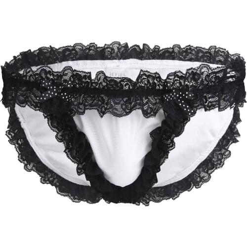 Mens Ruffled Floral Lace Trim Soft Underpants Underwear Wetlook Lingerie Sissy Bikini Briefs Low-rise Elastic Waistband Panties