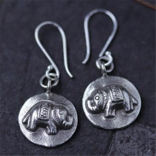 Original India Thailand Ancient 925 Sterling Silver Earring Round Elephant Handmade Hippie Animal Tribe Jewelry