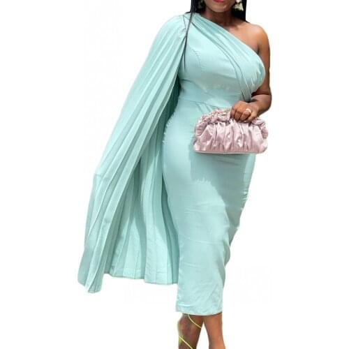 African Women Dress Summer Oblique Shoulder Solid Color Pleated High Waist Bodycon Dress Lady Party Office Work Wear Vestidos
