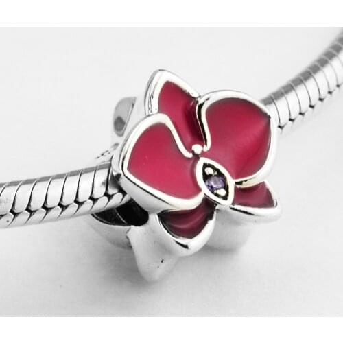 Fits For Pandora Bracelets Orchid Charms with Purple Enamel 100% 925 Sterling-Silver-Jewelry Beads Free Shipping