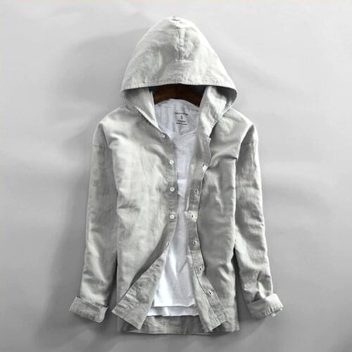Mens Cotton Linen Hooded Shirts Long Sleeve Men High Quality Summer Hoodies Fashion Breathable Casual Shirt Male Tops TS-423