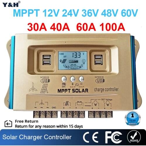 Y&H 30A 40A 60A 100A Wind Solar Hybrid Controller MPPT LCD Dual USB 12V 24V 36V 48V 60V Battery Charging Regulator