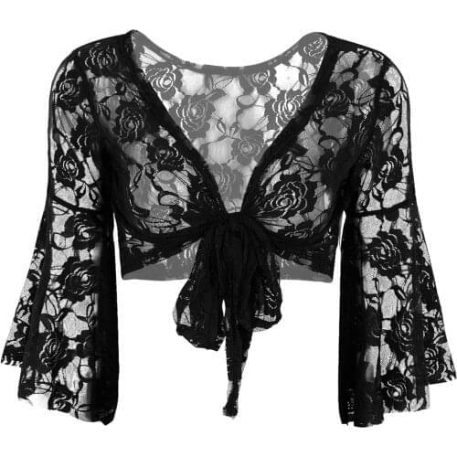 Womens Long Flare Sleeve Belly Dance Floral Lace Top Shrug Fashion Sheer Cover Up Open Front Cardigan Wraps Ballet Dancing Wear