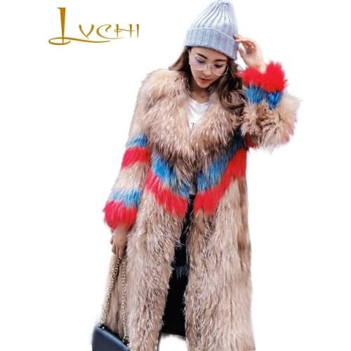 LVCHI Winter 2019 Real Fox Fur Coats V-Neck Slim Natural Fox Fur Coat Womens Contrast Color Print Striped Medium Fox Fur Coats