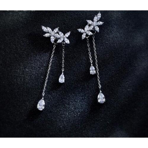 100% REAL. 925 Sterling Silver Fine Jewelry PRONG CLEAR White CZ AAA+ STONE Leaf Branch Flower Tassel Long Earrings GTLE2160
