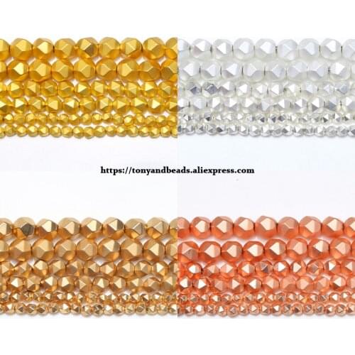 15" Natural Stone Matte Big Cuts Faceted Hematite Silvers KC Gold Plated Round Loose Beads 6 8 10 MM Pick Size
