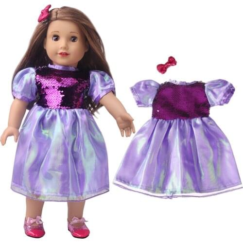 18 Inch American Doll Girls Princess Purple Sequin Dress + Magenta Bow Newborn Baby Toys Accessories Fit 43 Cm Boy Dolls c880