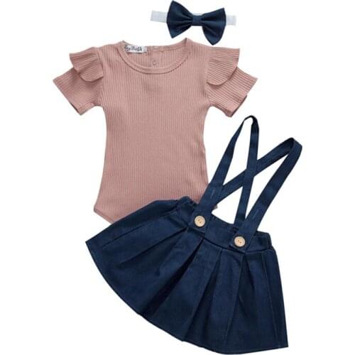 3Pcs Baby Clothes Girls Overalls Outfit Infant Fly Sleeve Solid Romper Breathable Newborn Strap Skirt Bow Headwear Set Jumpsuit