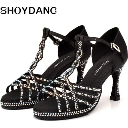 Black Rhinestones Latin Dance Shoes Ladies High-heeled Waterproof Platform Ballroom Dance Shoes Satin Indoor Soft Bottom Party Performance
