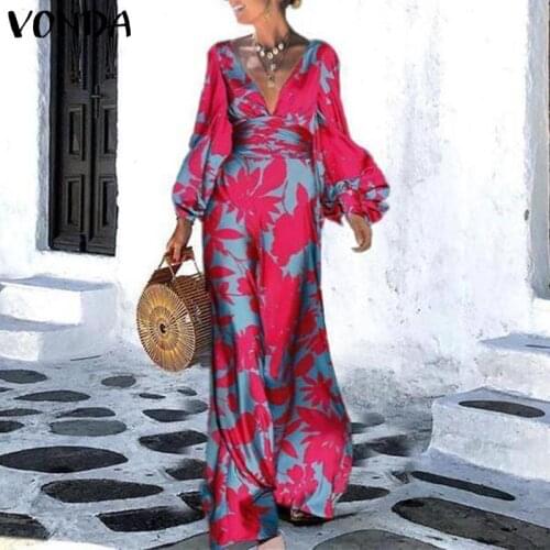 VONDA Elegant Party Long Dresses 2021 Autumn Womens Long Sleeve Deep-V Neck Floral Print Maxi Dress Holiday Beach Sundress Robe