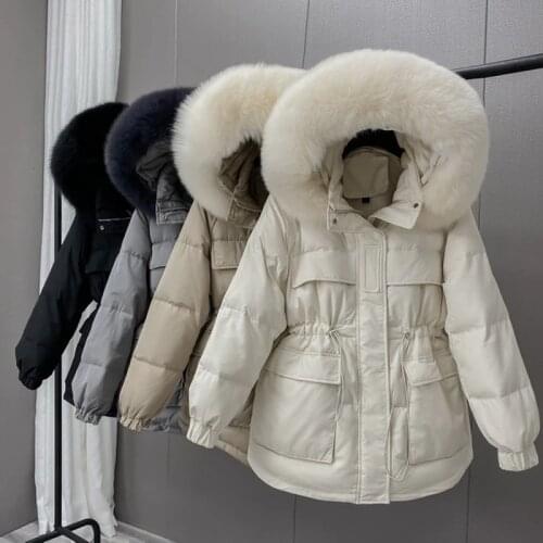 Winter White Duck Down Jacket Women 2020 New Fashion Fox Fur Collar Short Hooded Down Coat Female Office Lady Adjustable Waist