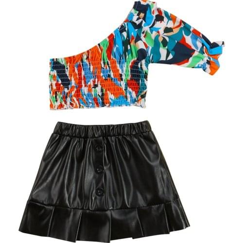 Ma&Baby 1-5Y Fashion Baby Kid Girl Clothes Set One Shoulder T shirt Tops Pu Leather Skirts Summer Outfits Clothing DD43