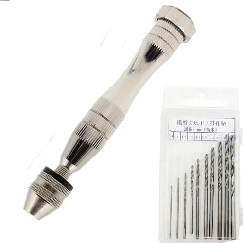 Mini Hand Drill With Keyless Chuck+10pcs Hss Twist Drill Bits Rotary Tools Metal Spiral 0.8-3mm Jewel Manual Drilling Hole