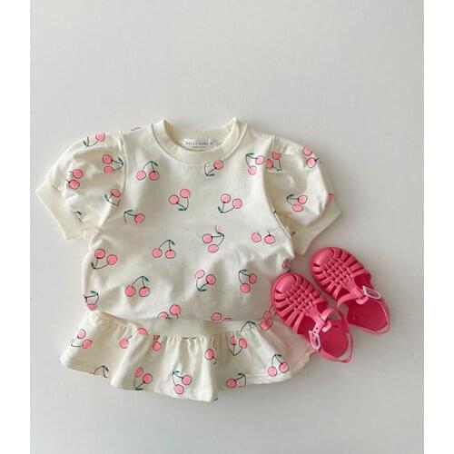Fashion Cherry Print Girls Clothing Sets 2021 Summer New Baby Girl Short Sleeve T-shirt Tops + Skirts 2pcs Princess Skirts Set