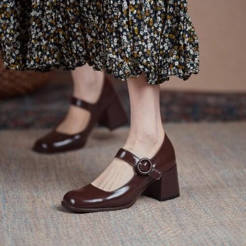 IPPEUM Spring New Mary Jane Single Shoes Women 2021 Round Head Shallow Leather Shoes Thick Heel Ladies