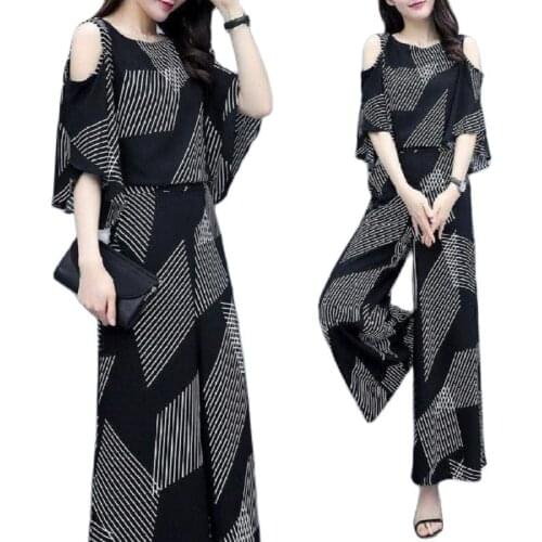New Suit Female 2021 Summer Korean Fashion Suit Female Trend Loose And Thin Off-Shoulder Top + Wide-Leg Pants Wo Piece Set Women