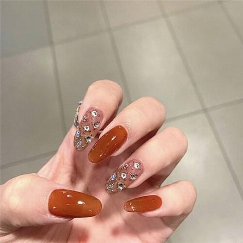 Orange and gray hit pure color with golden beads 3d decorated fake nails french false nails 24pcs with glue lady full nail tips