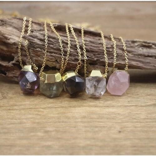 Faceted Nugget Crystal Pendants Necklace,Large Amethysts Smoky/Rose/Lemon Quartz Citrines Charms Women Jewelry Dropship,QC3097