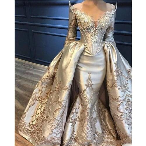 Mermaid Overskirts Prom Dresses Long Sleeve Lace Appliqued Beads Evening Dresses With Detachable Train Yousef Aljasmi Party Gown