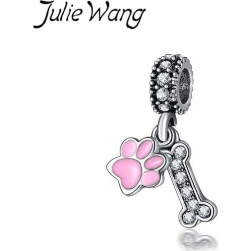 Julie Wang 5PCS Bead Charms Enamel Pet Paw Print Rhinestone Bone Zinc Alloy Bracelet Necklace Jewelry Making Accessory