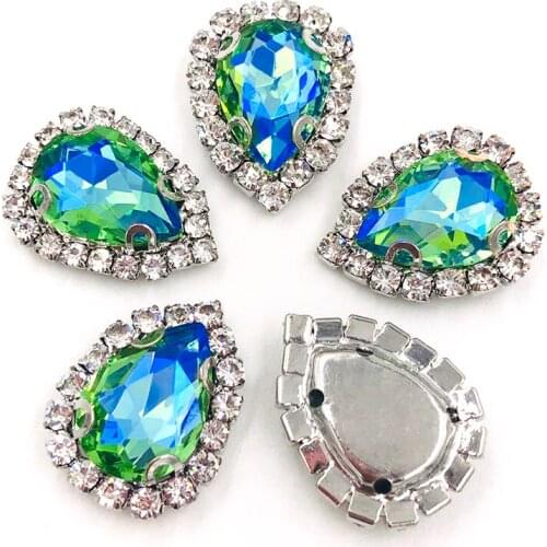 Teardrop shape Light green AB flatback glass Crystal button sew on rhinestones for clothing diy weddiing dress Accessories