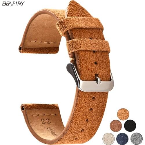 BEAFIRY Watch Band 18mm 20mm 22mm Suede Calfskin Leather Strap Watchband for huawei fossil Men Women Brown Black Grey White Blue