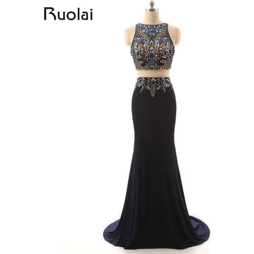 Luxury Beaded Two Pieces Evening Dresses Long Mermaid Prom Dresses Dark Navy Evening Party Gown Vestido de Festa PD78