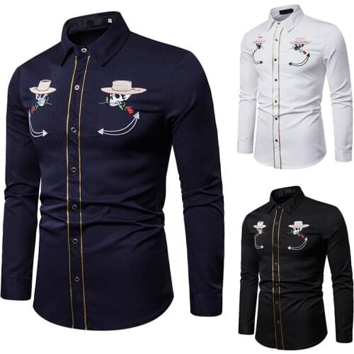Mens new fashion personality leisure business long sleeve creative embroidery flower shirt wedding best man mens dress shirts