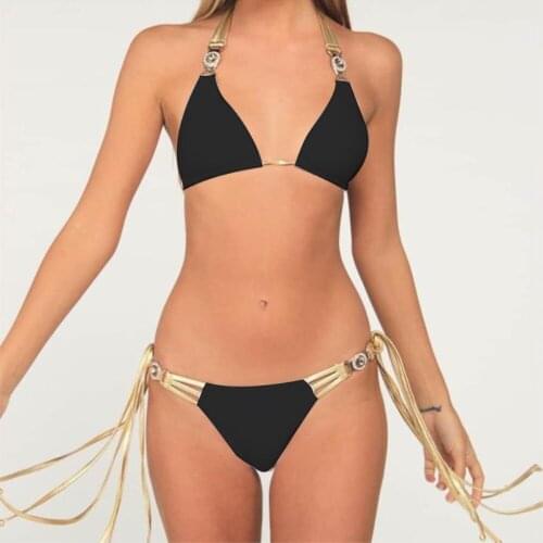 Sexy Bikini Diamond Decorate Tassel Swimwear Women Summer Beachwear Halter Bandage Swimsuit Female Solid Two Piece Bathing Suit