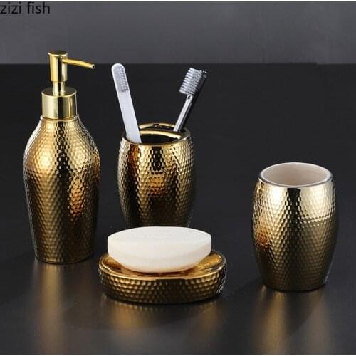 Honeycomb Texture Ceramic Bathroom Set Portable Soap Dispenser Toothbrush Holder Soap Box Shampoo Empty Bottle Bath Supplies