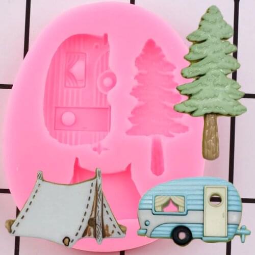 Camping Trailer Tent Silicone Molds Fondant Cake Decorating Tools Tree Car Cupcake Candy Polymer Clay Chocolate Gumpaste Moulds