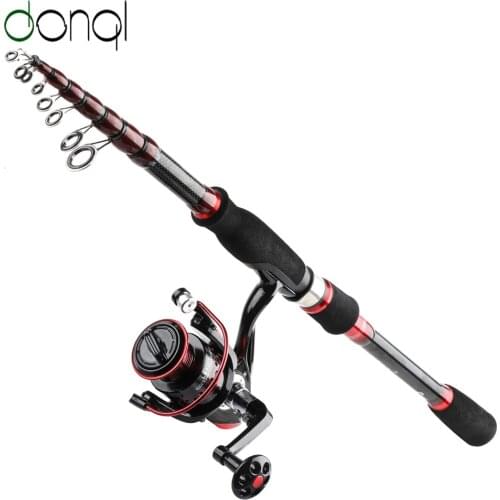 DONQL Carbon Fiber Spinning Rod Fishing Reel Set Telescopic Travel Surf Fishing Rod Metal Spool Spinning Reel Fishing Combo