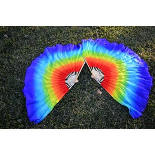 2016 women of high quality silk Chinese belly dance dance fan cheap hot Red to blue gradient double short silk fan