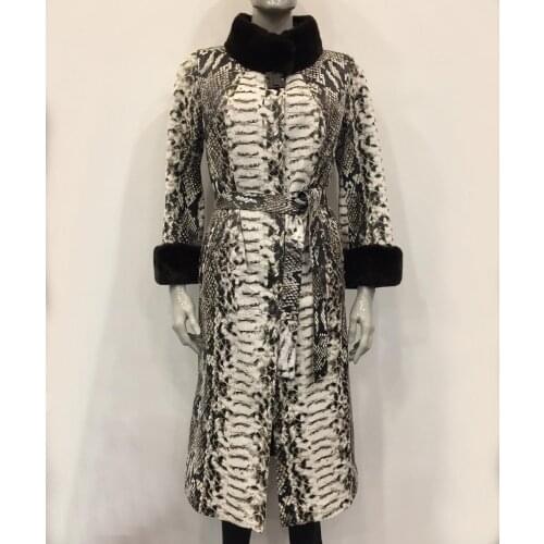 Womens Genuine Leather Jacket Real Sheepskin Rex Fur Collar And Cuff Casual Plus Size Waterproof Naturel Digital Python Print