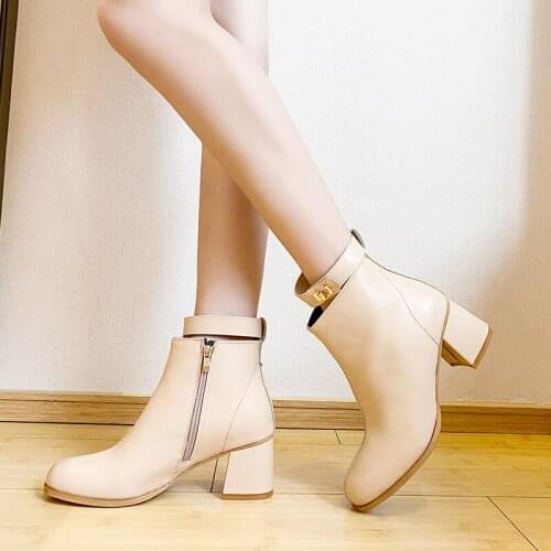 Ankle Boots Women Heel 6cm womens leather boots new Fashion elegant boots shoes leather side zip square heel ladies boot