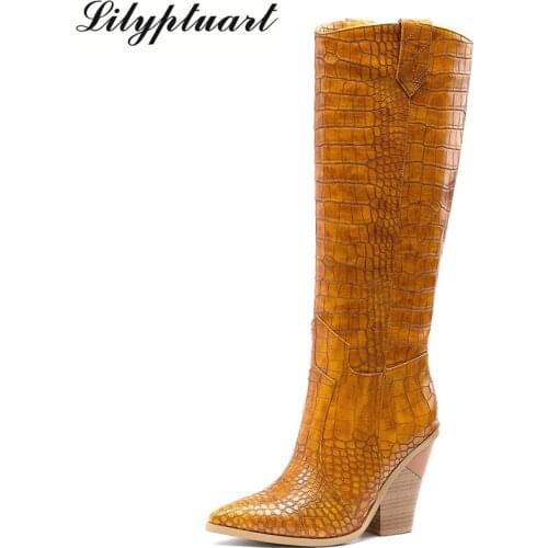 2019 New brand microfiber leather women knee high boots sexy pointed toe western cowboy boots women mid-calf chunky wedge boots