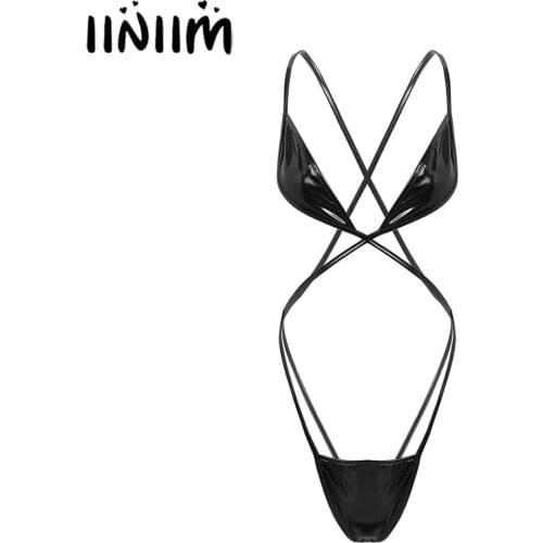 Womens One-piece body latex Erotic Catsuit Shiny Metallic Mini Micro Bikini Open Butt Sissy Lingerie Trikini Teddies Clubwear